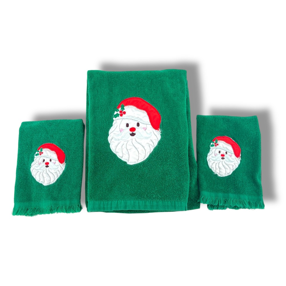 Christmas Santa Face Emerald Green Hand Towel Set Embroidered Holiday Decor